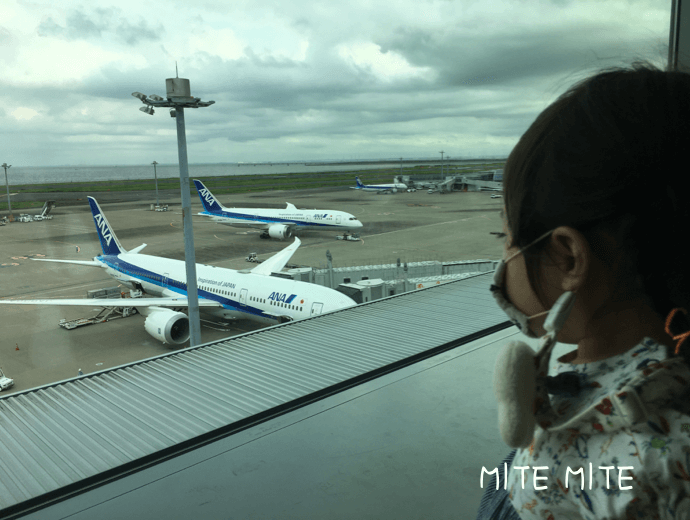 羽田空港第２ターミナルの展望デッキで飛行機を眺める2歳
